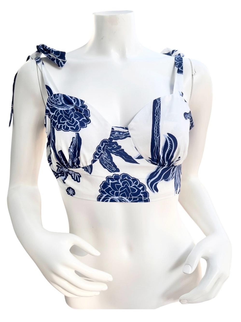 SHEIN Blue & White Cropped Sweetheart Smocked Back w/ Ties Size L